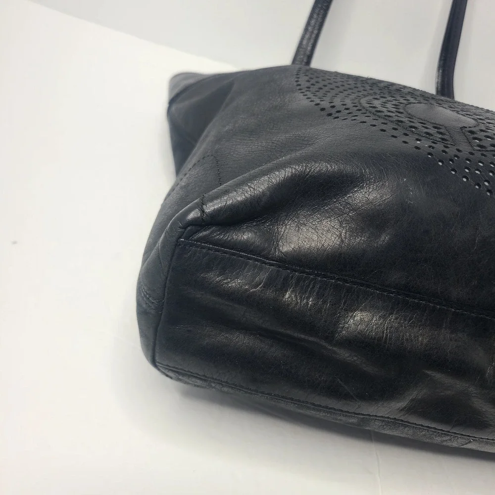 Coach Audrey Perforated Black Patent Leather Shoulder Tote Bag Purse C Logo